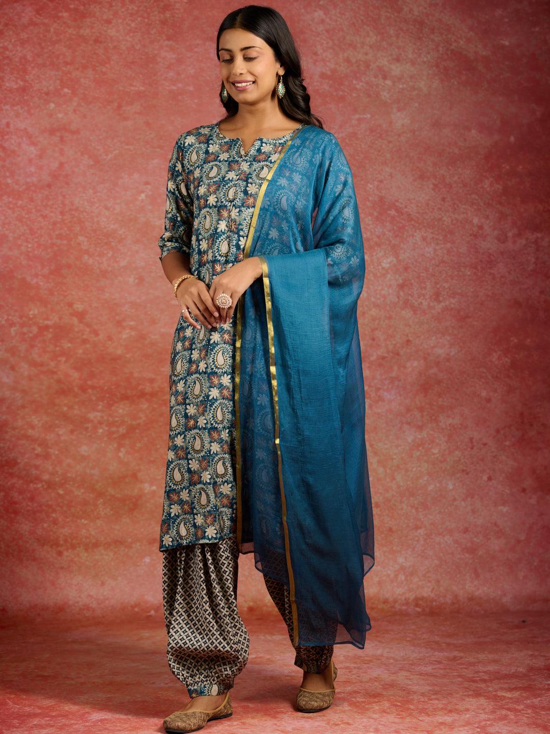 Blue Printed Silk Blend Straight Kurta With Salwar & Dupatta - Jashvi