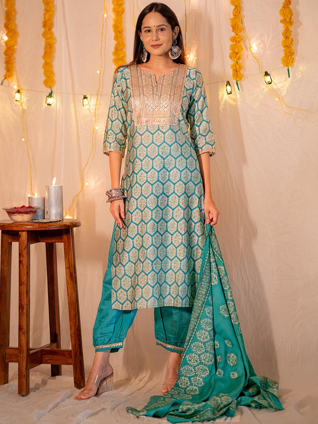 Blue Printed Silk Blend Straight Kurta With Salwar & Dupatta - Jashvi