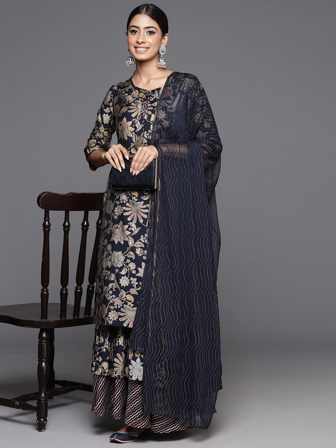 Blue Printed Silk Blend Straight Kurta With Skirt & Dupatta - Jashvi