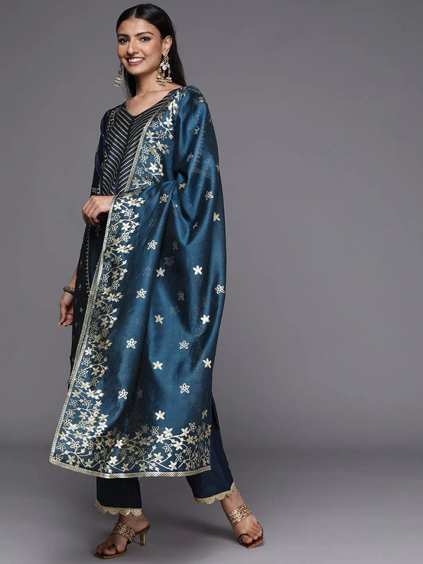 Blue Printed Silk Blend Straight Suit Set - Jashvi