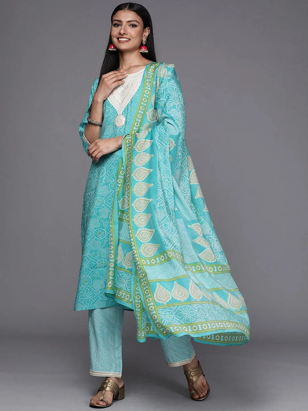 Blue Printed Silk Blend Straight Suit Set - Jashvi