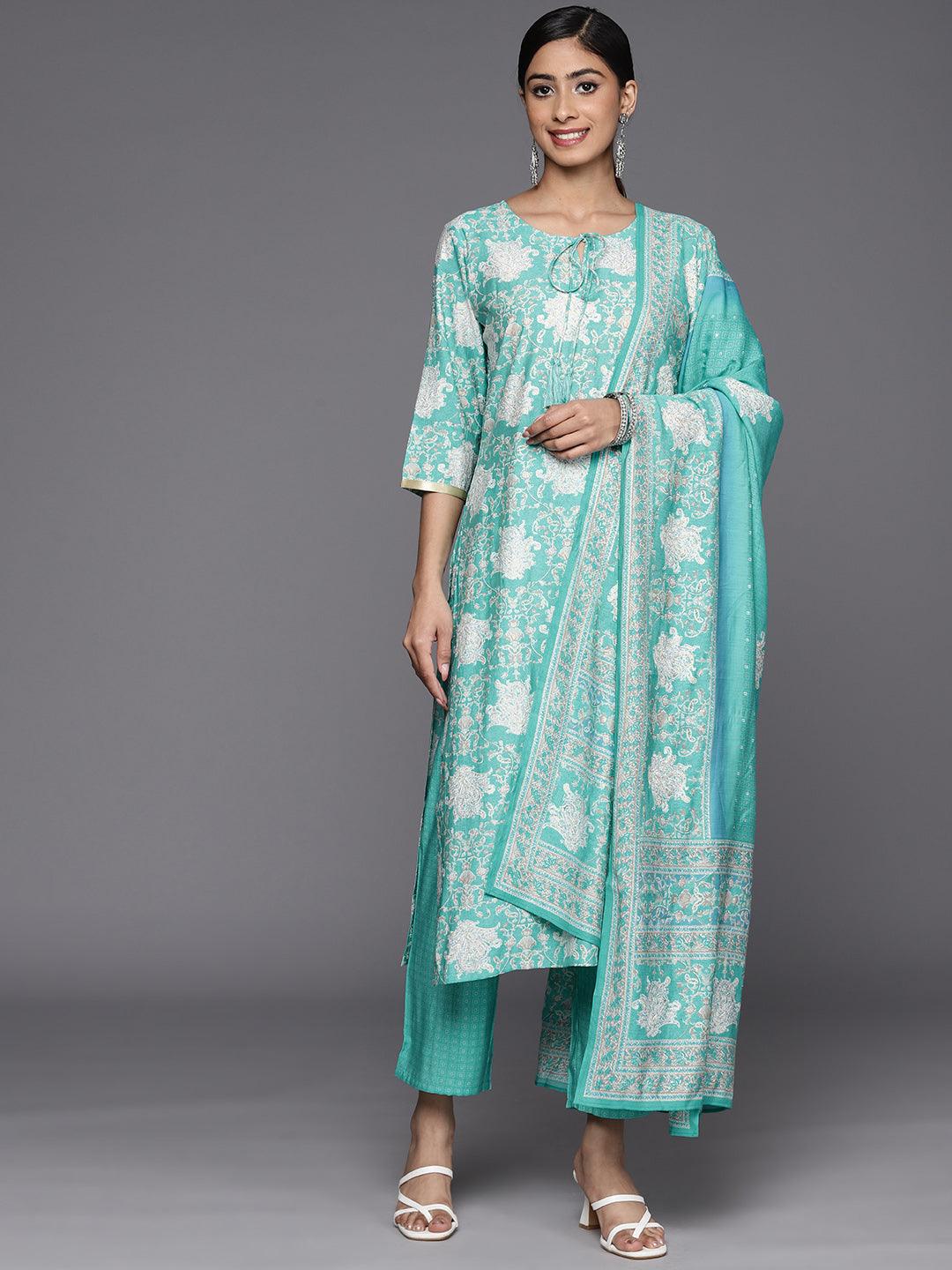 Blue Printed Silk Blend Straight Suit Set With Trousers - Jashvi