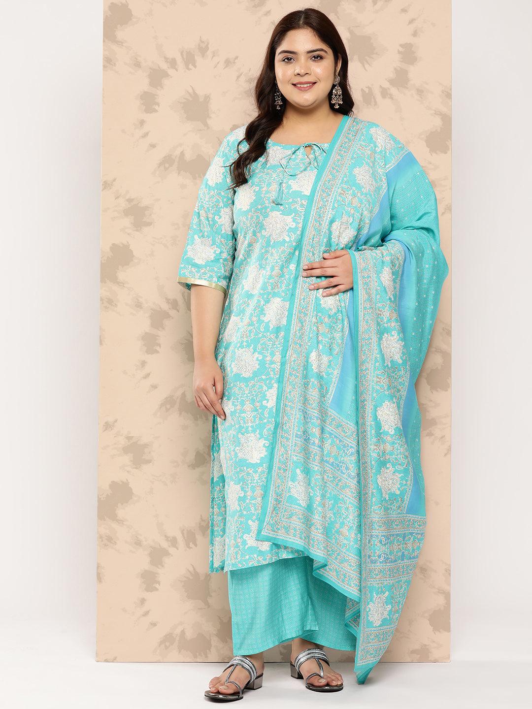 Blue Printed Silk Blend Straight Kurta With Trousers and Dupatta - Jashvi