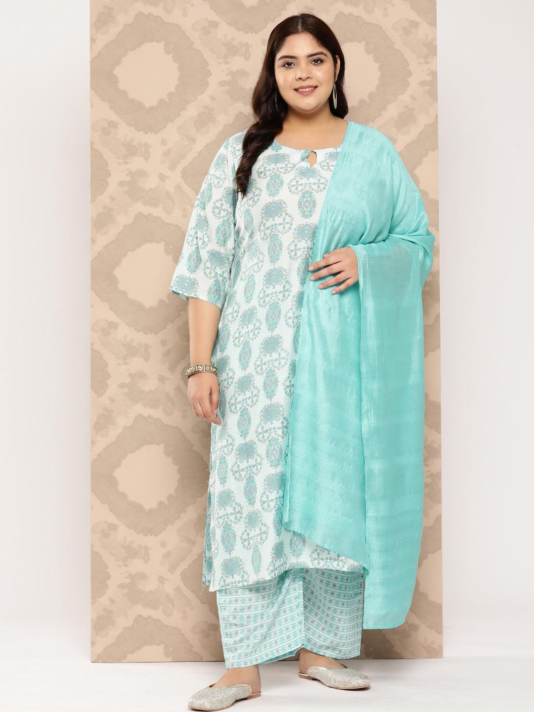 Blue Printed Silk Blend Straight Kurta With Trousers and Dupatta - Jashvi