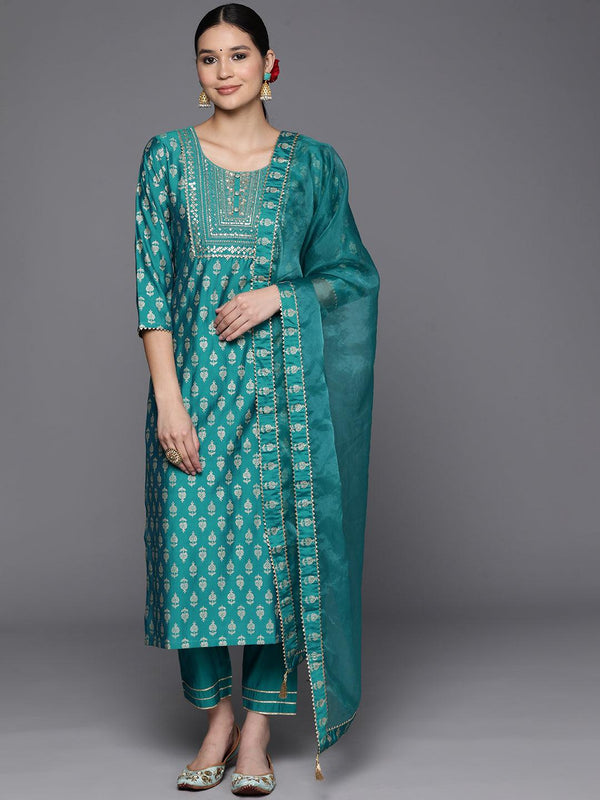 Blue Printed Silk Blend Straight Kurta With Trousers & Dupatta - Jashvi