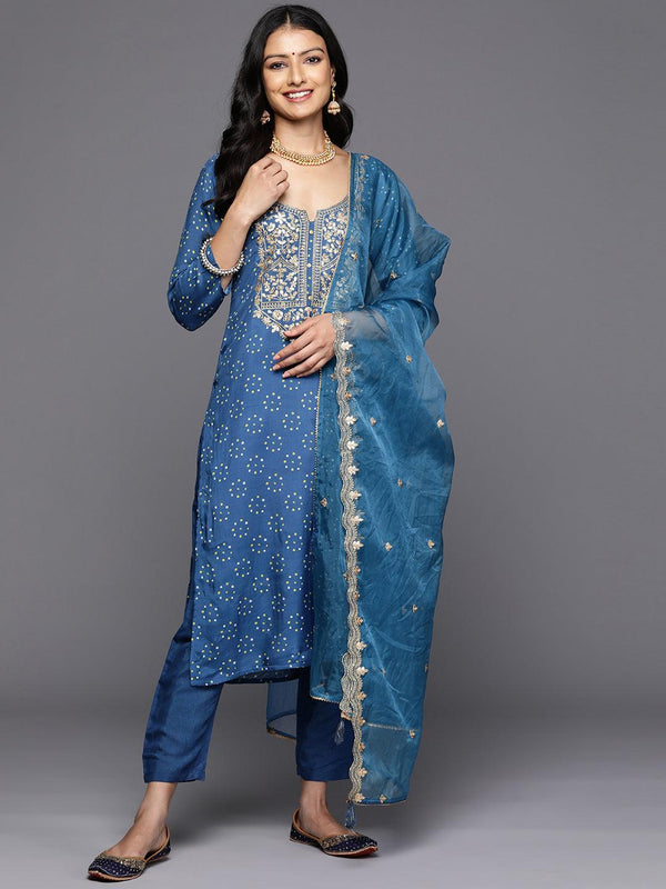 Blue Printed Silk Blend Straight Kurta With Trousers & Dupatta - Jashvi