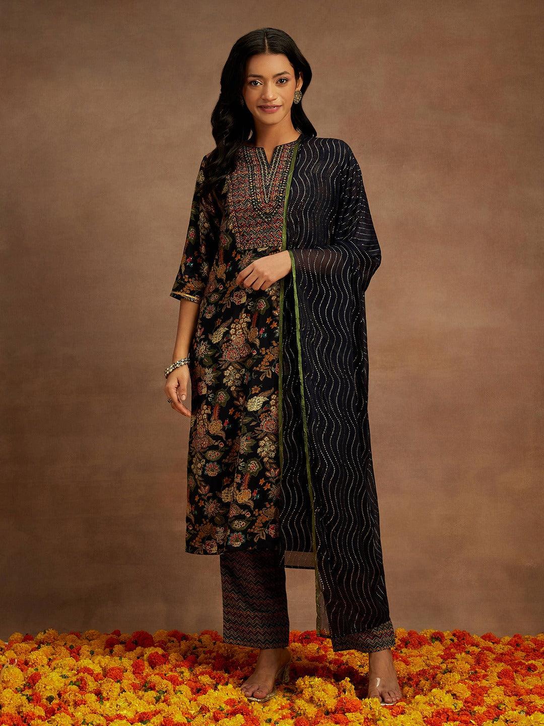 Blue Printed Silk Blend Straight Kurta With Trousers & Dupatta - Jashvi