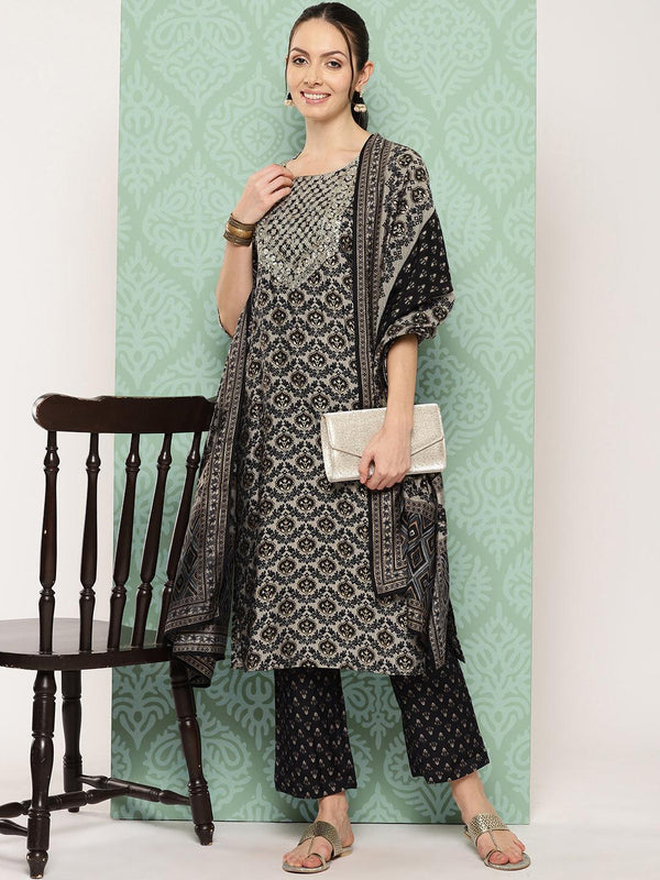 Blue Printed Silk Blend Straight Kurta With Trousers & Dupatta - Jashvi