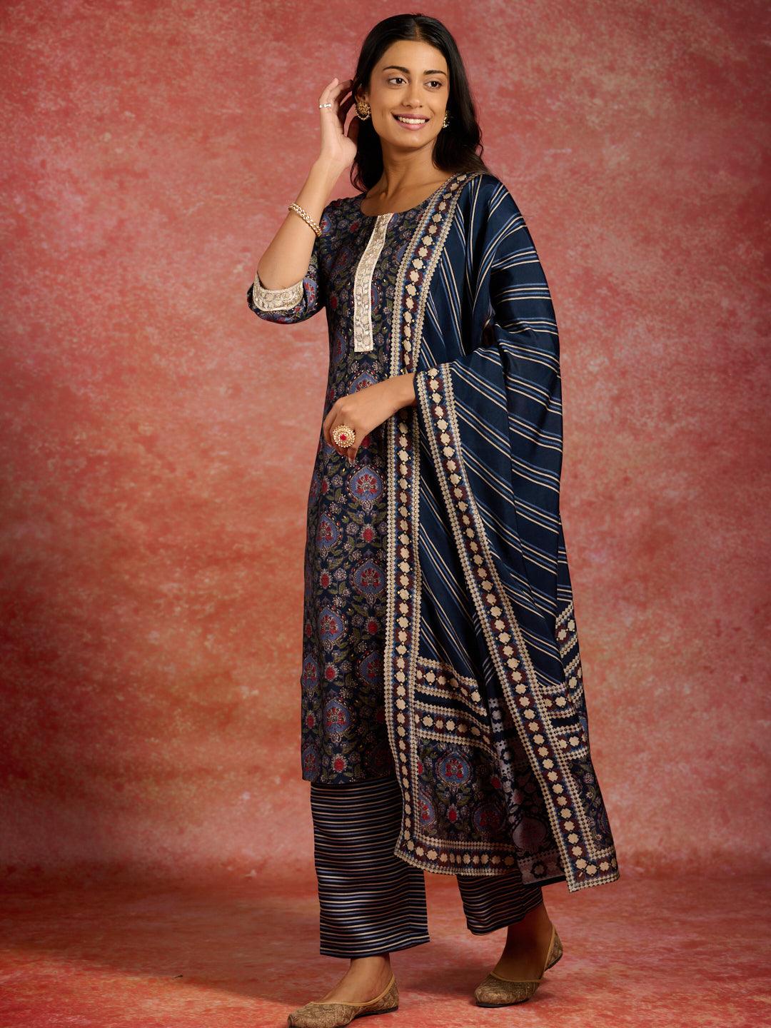 Blue Printed Silk Blend Straight Kurta With Trousers & Dupatta - Jashvi