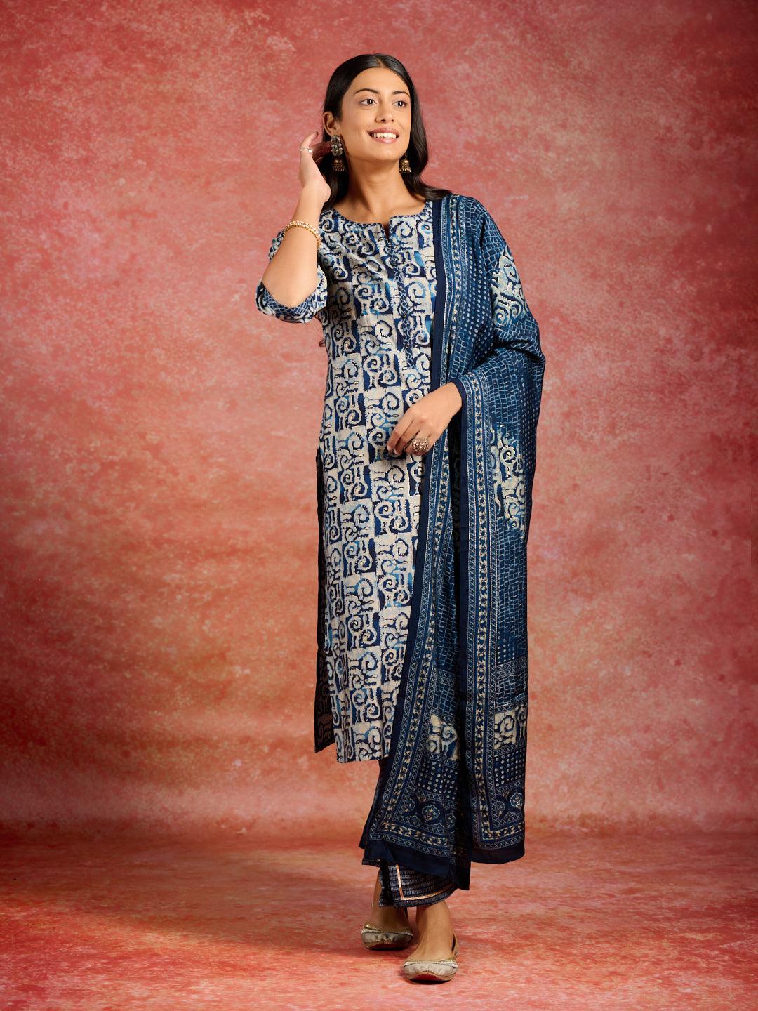 Blue Printed Silk Blend Straight Kurta With Trousers & Dupatta - Jashvi