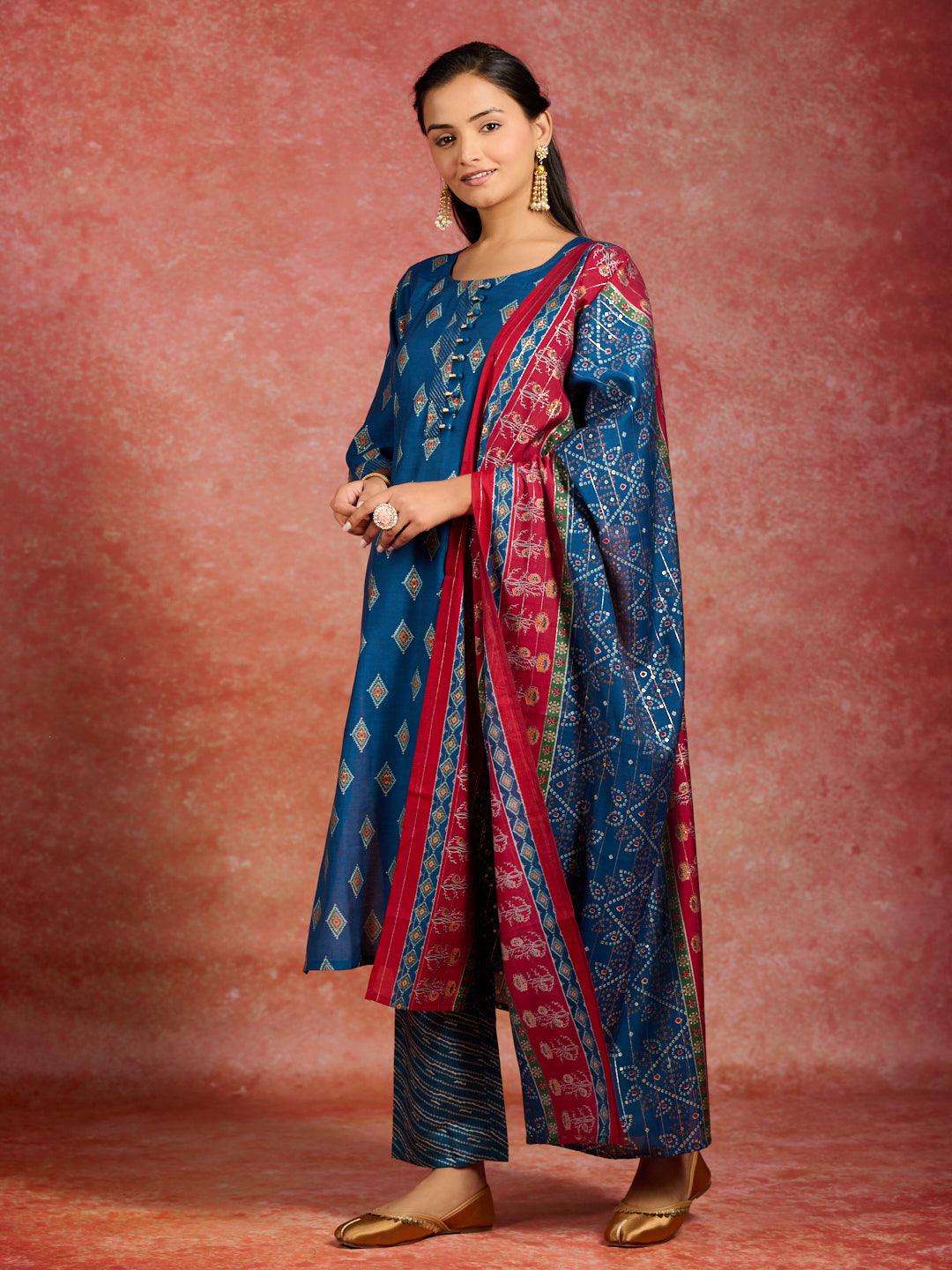 Blue Printed Silk Blend Straight Kurta With Trousers & Dupatta - Jashvi