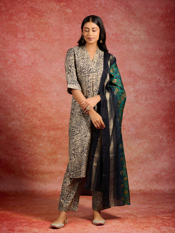 Blue Printed Silk Blend Straight Kurta With Trousers & Dupatta - Jashvi