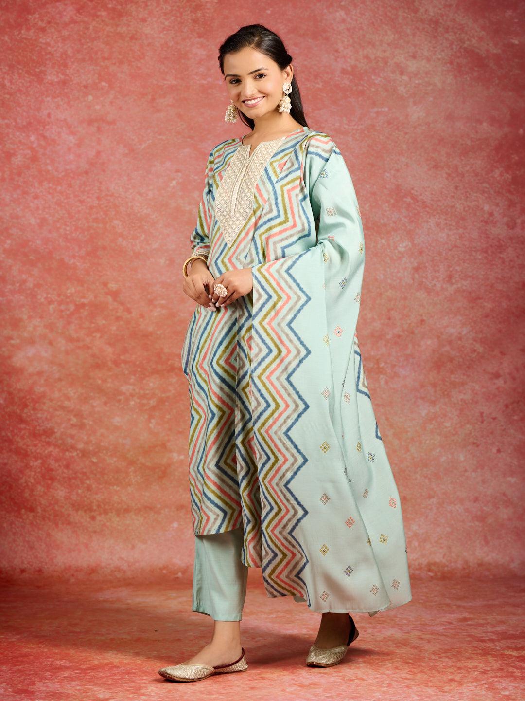 Blue Printed Silk Blend Straight Kurta With Trousers & Dupatta - Jashvi