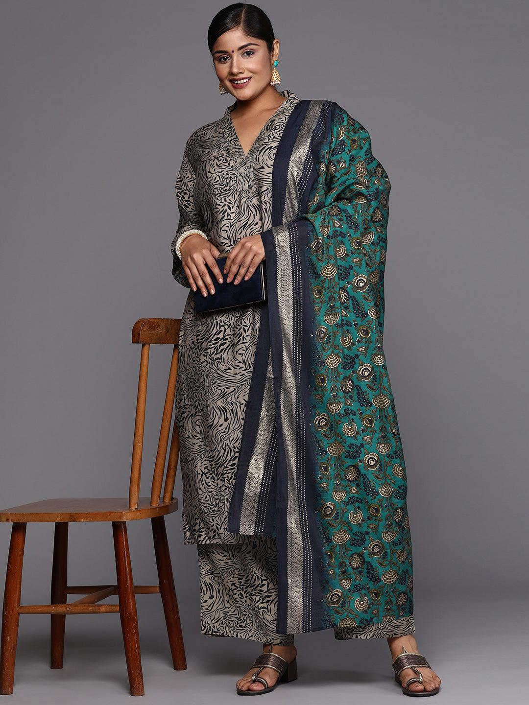 Blue Printed Silk Blend Straight Kurta With Trousers & Dupatta - Jashvi