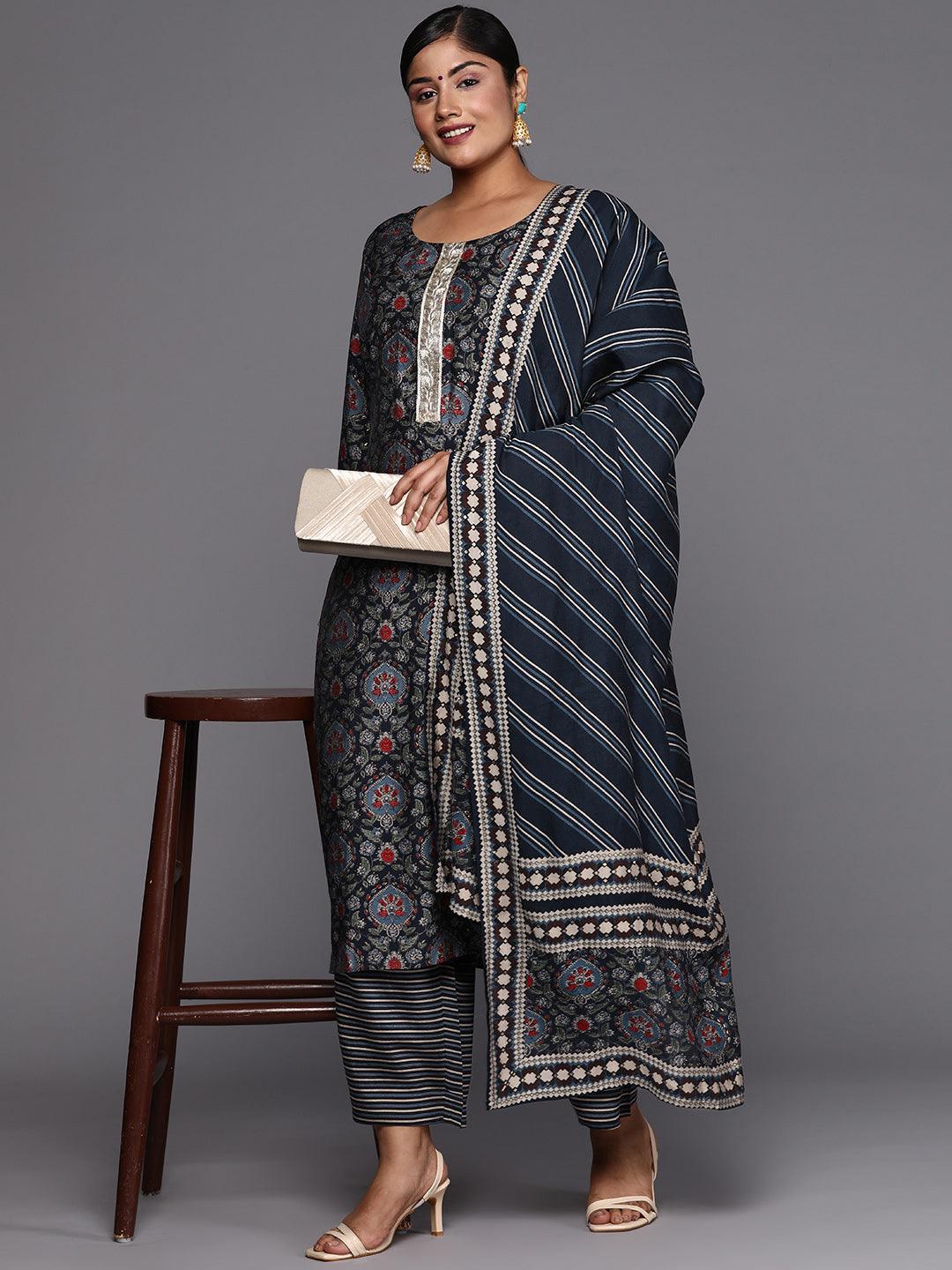 Blue Printed Silk Blend Straight Kurta With Trousers & Dupatta - Jashvi