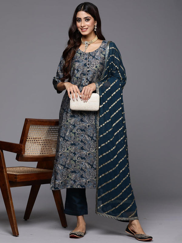 Blue Printed Silk Blend Straight Kurta With Trousers & Dupatta - Jashvi