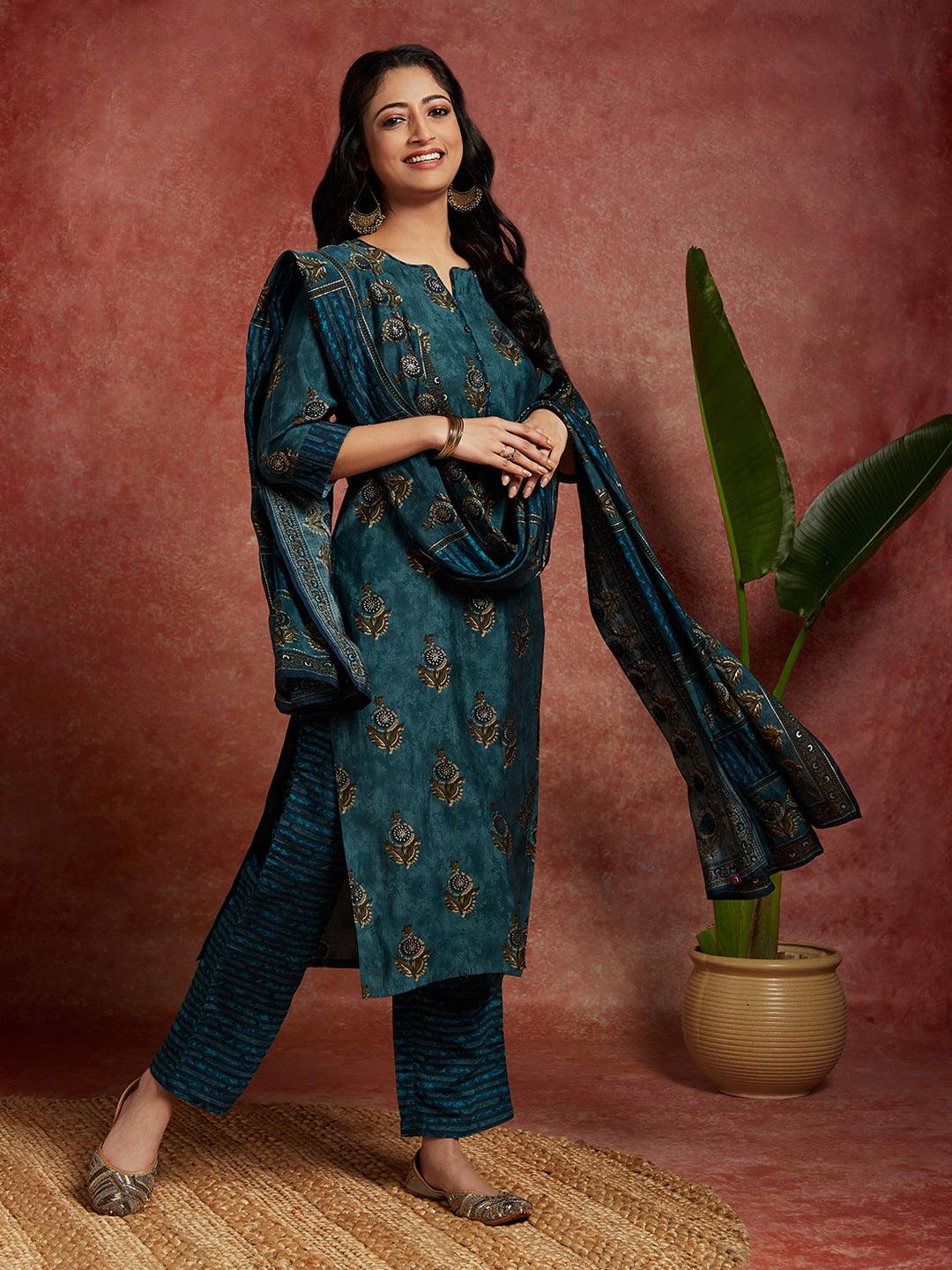 Blue Printed Silk Blend Straight Kurta With Trousers & Dupatta - Jashvi