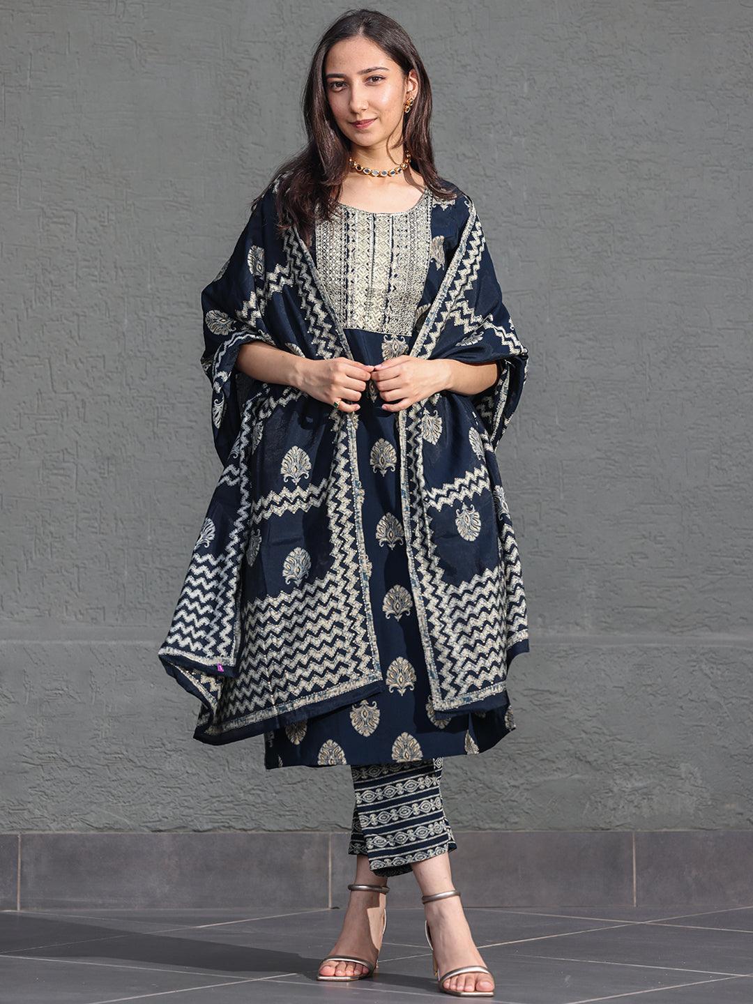 Blue Printed Silk Blend Straight Kurta With Trousers & Dupatta - Jashvi