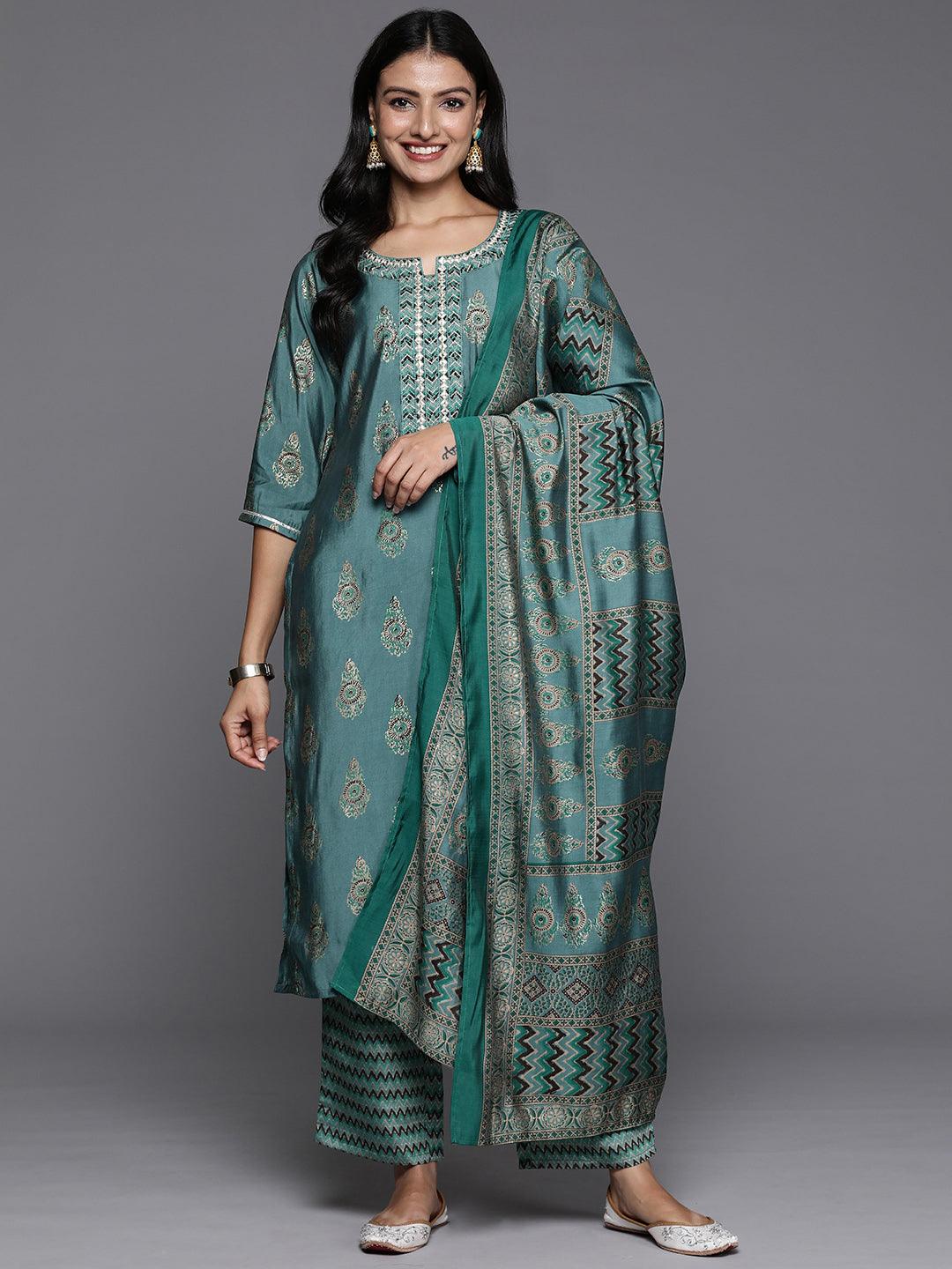 Blue Printed Silk Blend Straight Kurta With Trousers & Dupatta - Jashvi