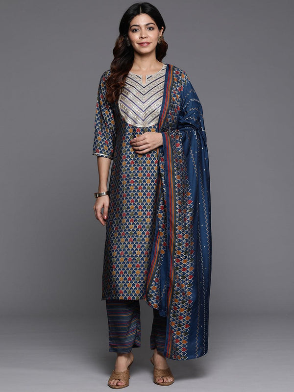 Blue Printed Silk Blend Straight Kurta With Trousers & Dupatta - Jashvi