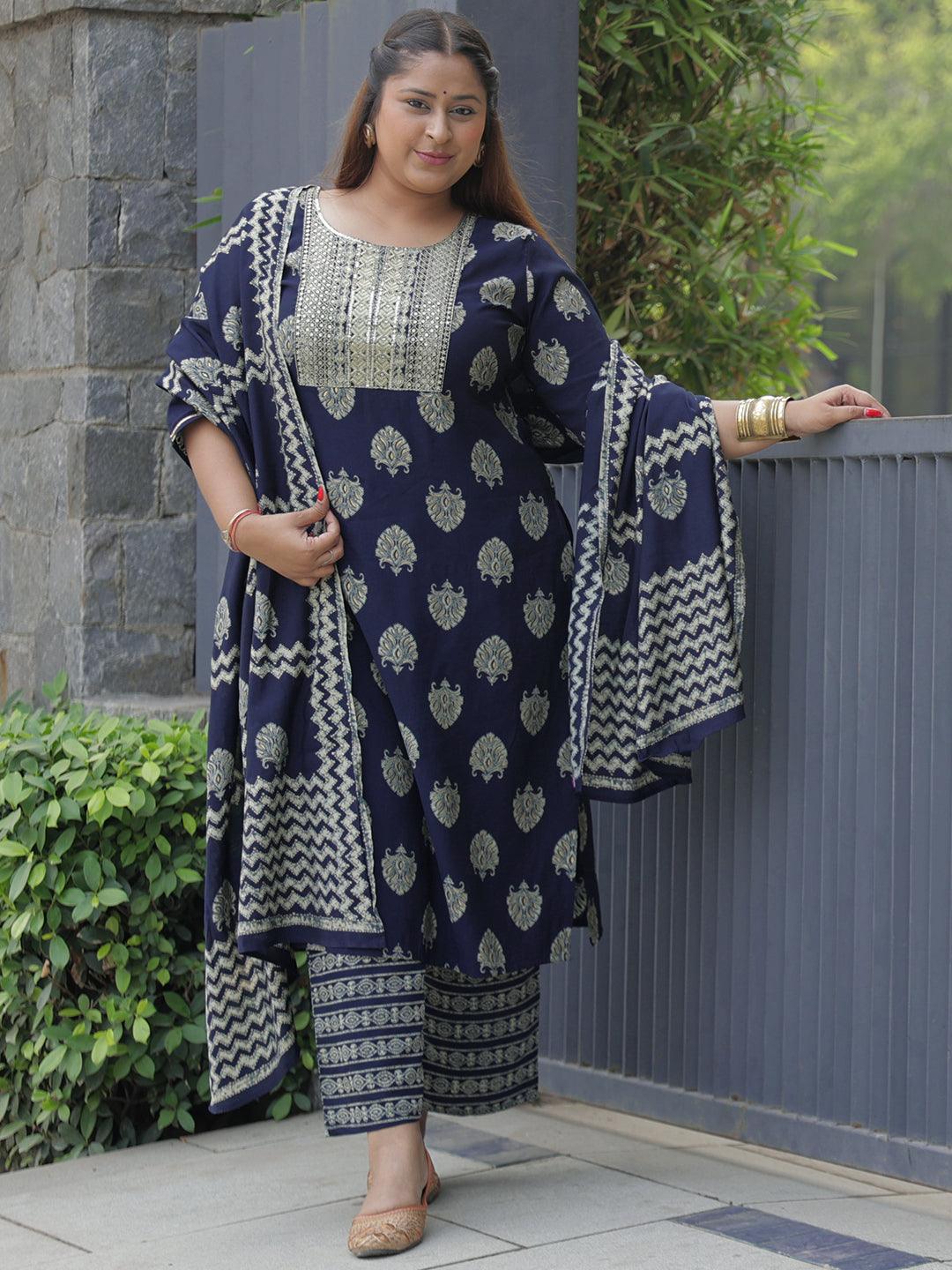 Blue Printed Silk Blend Straight Kurta With Trousers & Dupatta - Jashvi