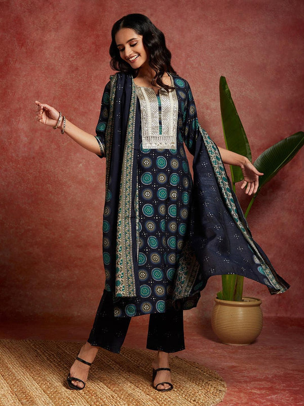 Blue Printed Silk Blend Straight Kurta With Trousers & Dupatta - Jashvi