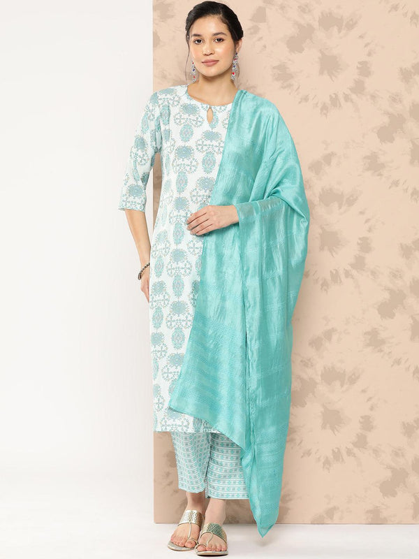 Blue Printed Silk Blend Straight Kurta With Trousers and Dupatta - Jashvi