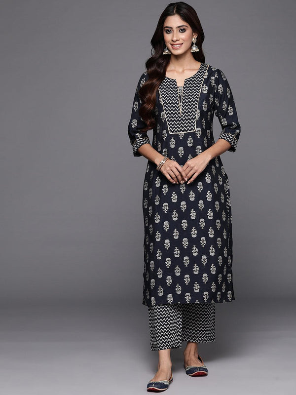 Blue Printed Silk Blend Straight Kurta With Trousers - Jashvi