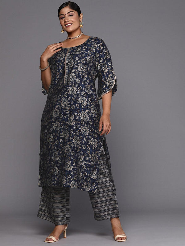 Blue Printed Silk Blend Straight Kurta With Trousers - Jashvi