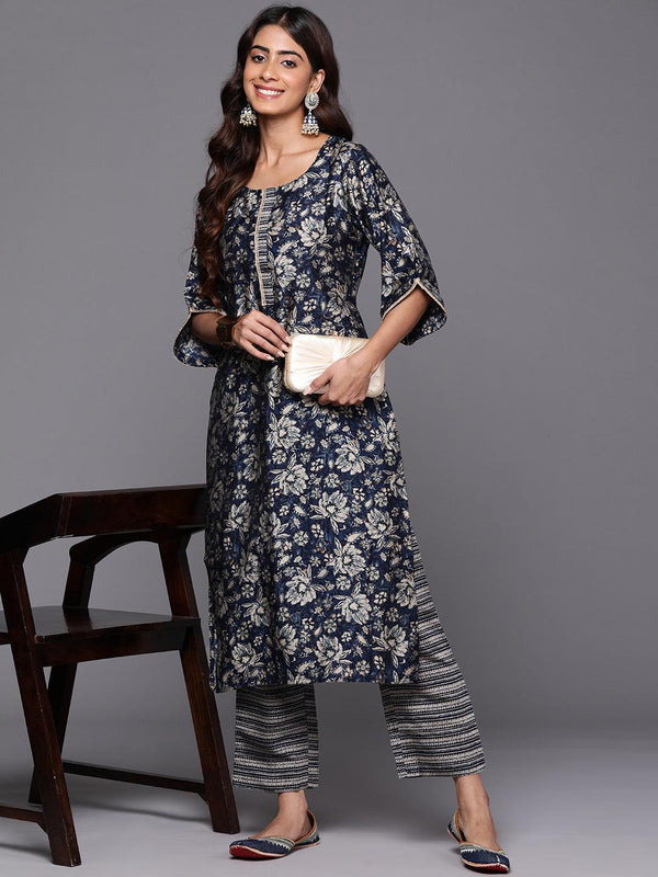 Blue Printed Silk Blend Straight Kurta With Trousers - Jashvi