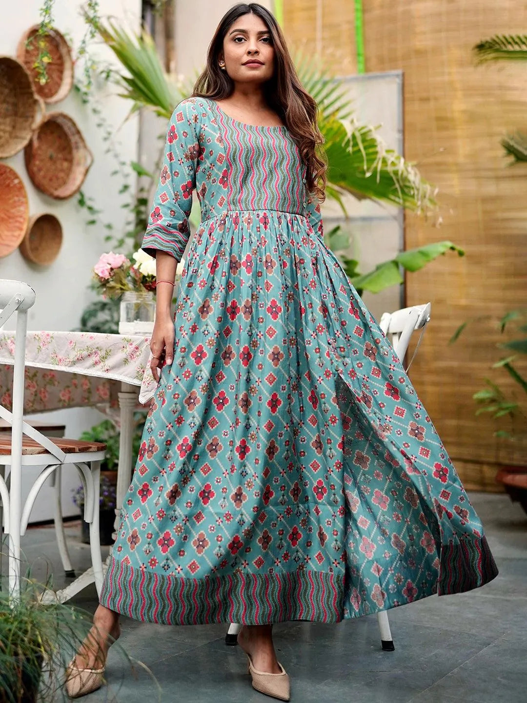 Blue Printed Silk Dress - Jashvi