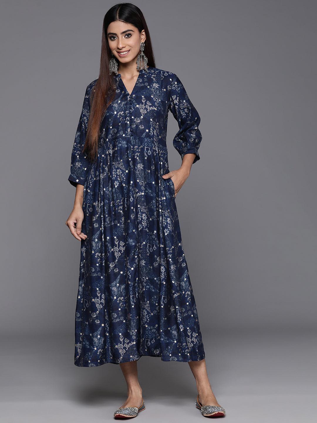 Blue Printed Silk Fit and Flare Dress - Jashvi