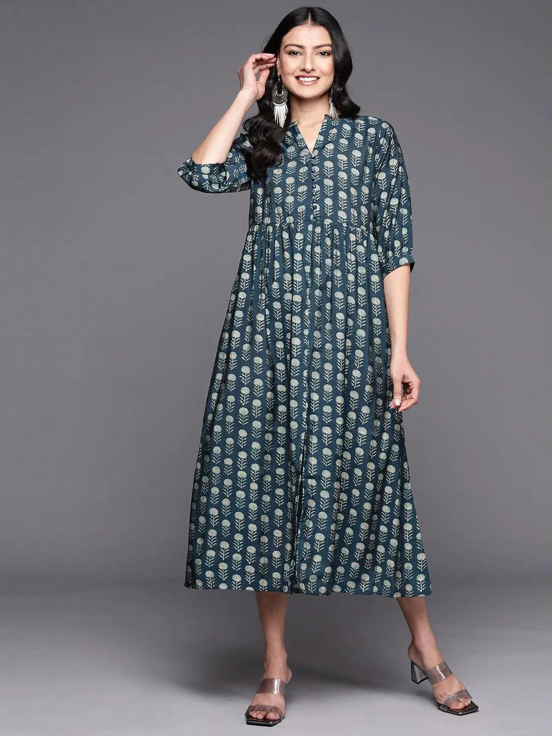 Blue Printed Silk Fit and Flare Dress - Jashvi