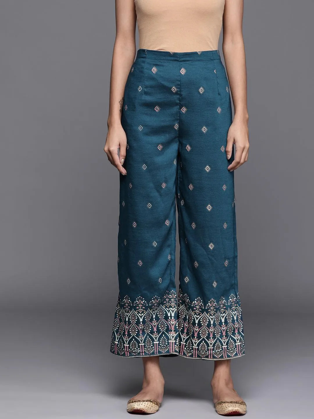 Blue Printed Silk Palazzos - Jashvi