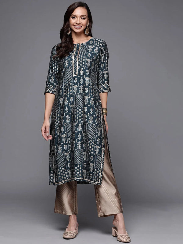 Blue Printed Silk Straight Kurta