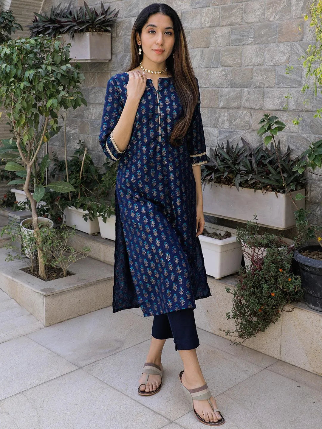 Blue Printed Silk Straight Kurta - Jashvi