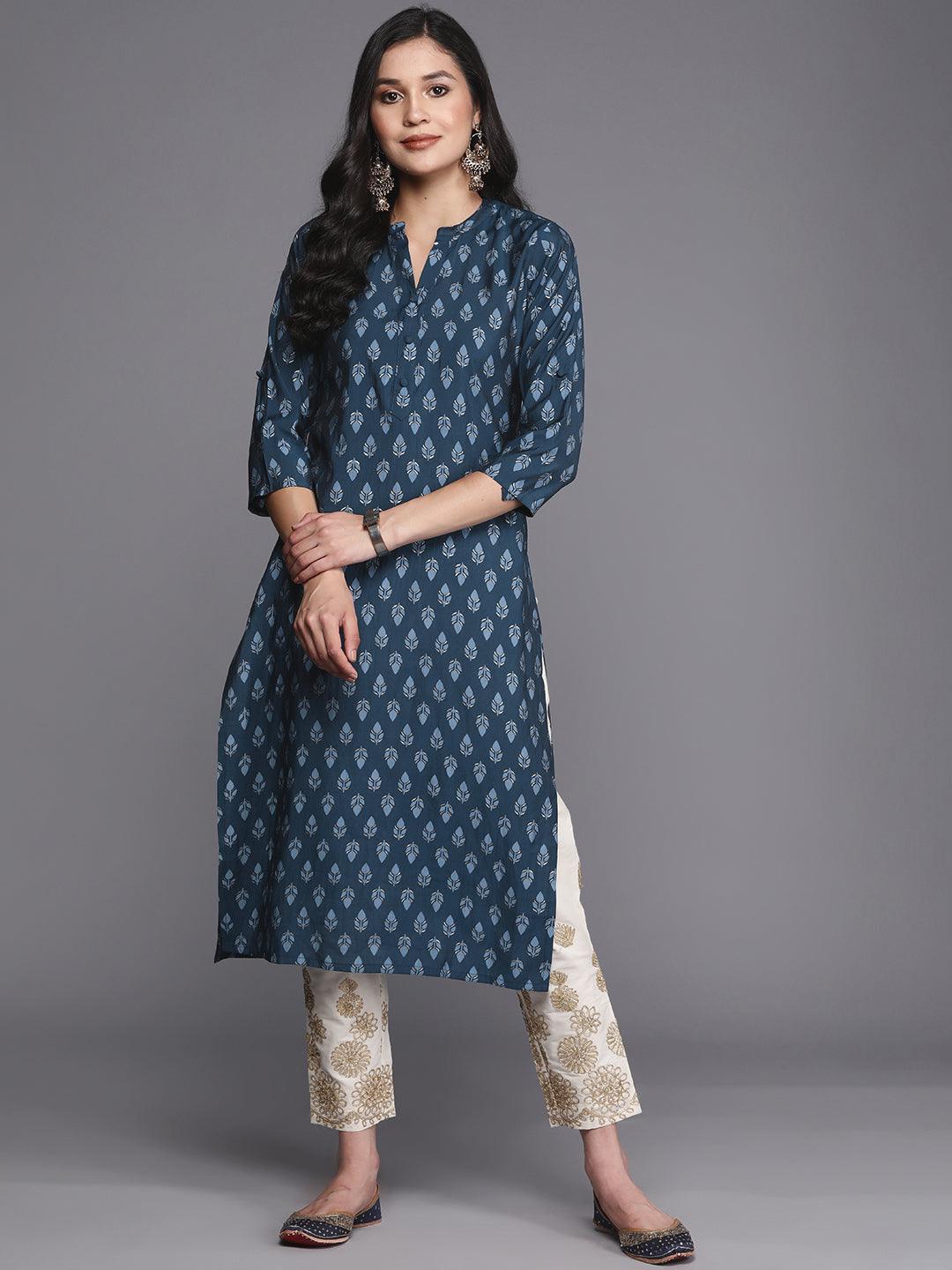 Blue Printed Silk Straight Kurta - Jashvi