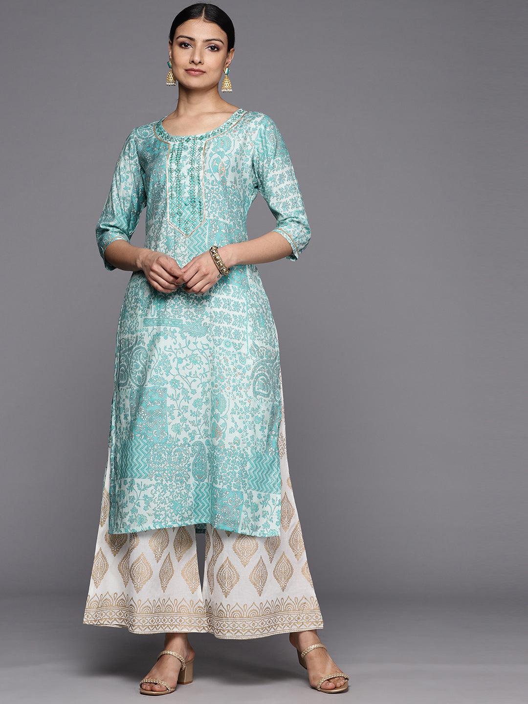 Blue Printed Silk Straight Kurta - Jashvi