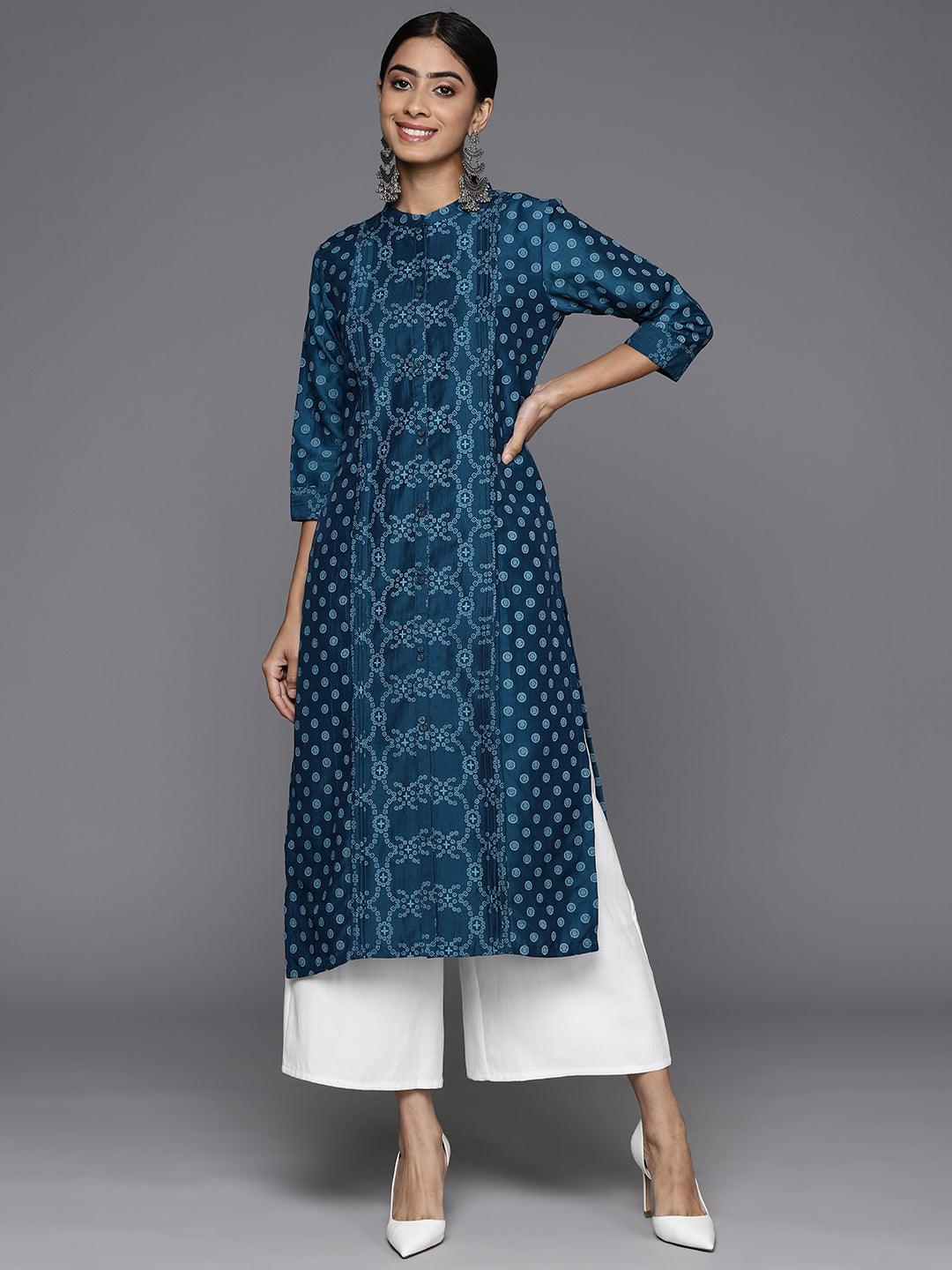 Blue Printed Silk Straight Kurta - Jashvi