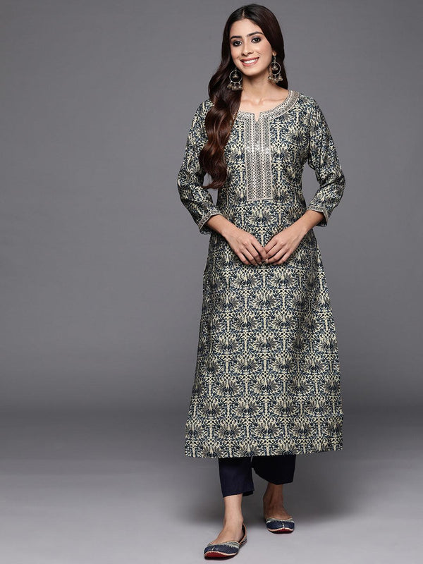 Blue Printed Silk Straight Kurta - Jashvi