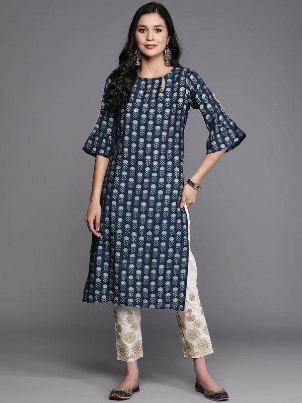 Blue Printed Silk Straight Kurta - Jashvi