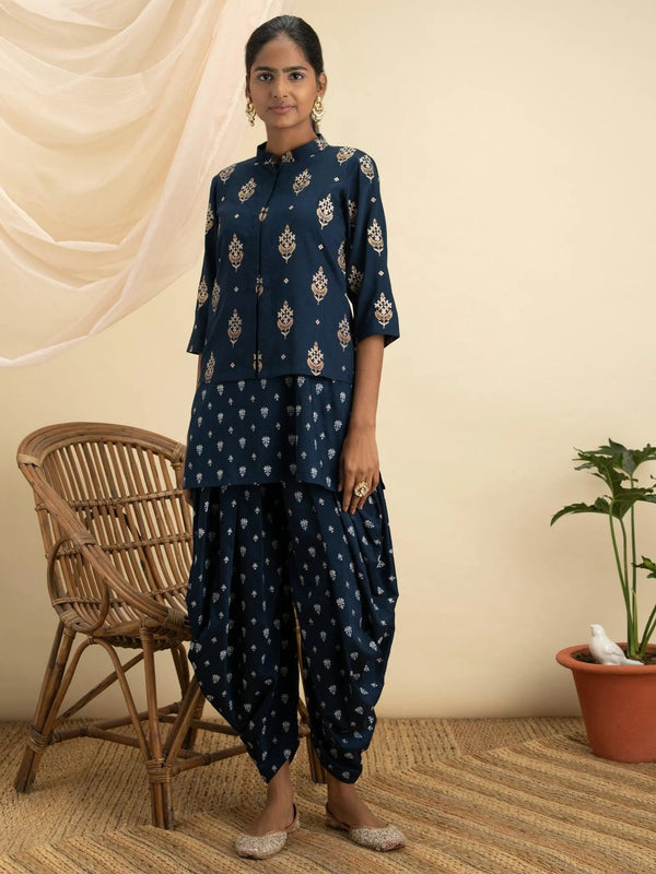 Blue Printed Silk Kurta Set with Jacket - Jashvi