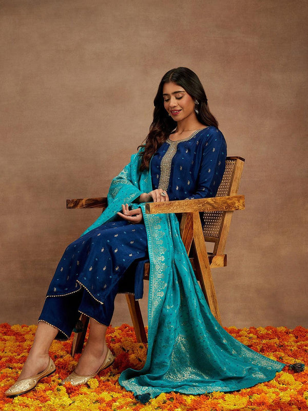 Blue Printed Silk Straight Kurta With Trousers & Dupatta - Jashvi