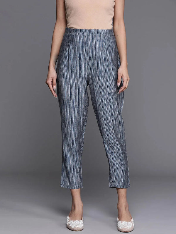 Blue Printed Silk Trousers - Jashvi