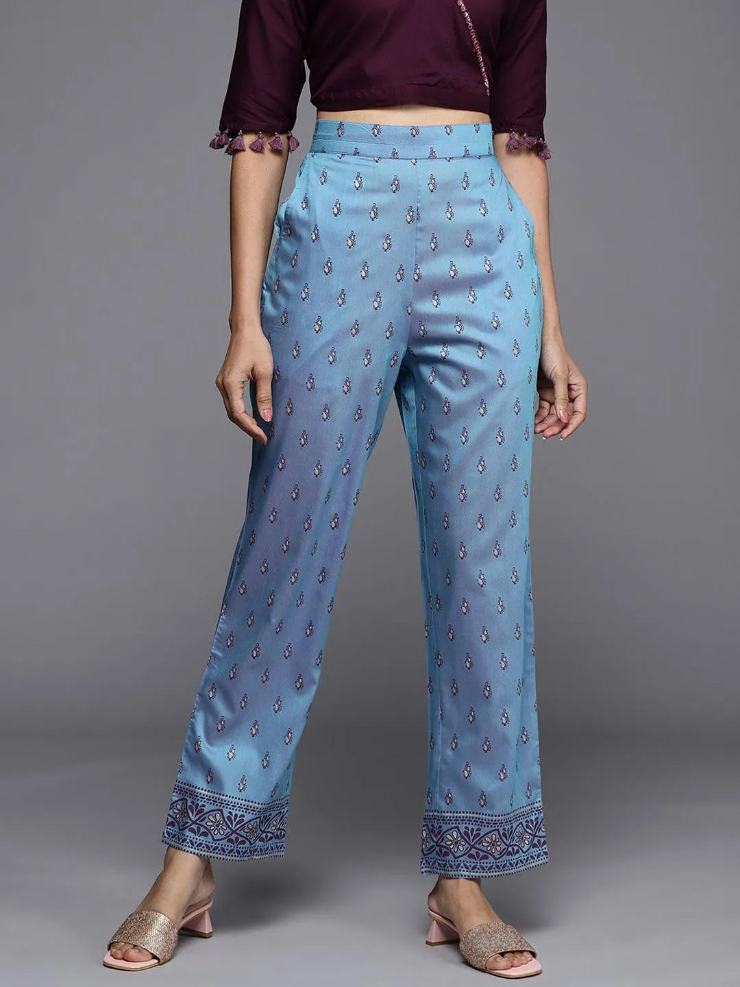 Blue Printed Silk Trousers - Jashvi