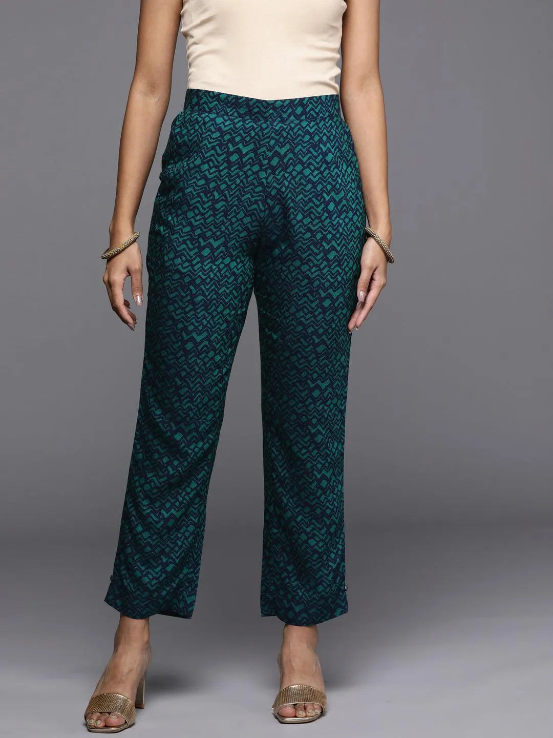 Blue Printed Silk Trousers - Jashvi