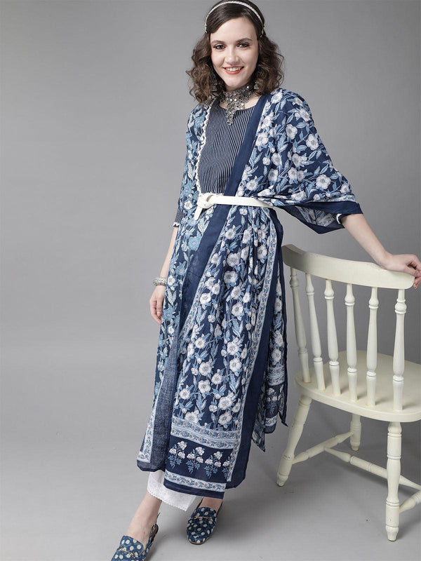 Women's Blue Printed Straight Kurta Palazzo Dupatta Sets - Odette