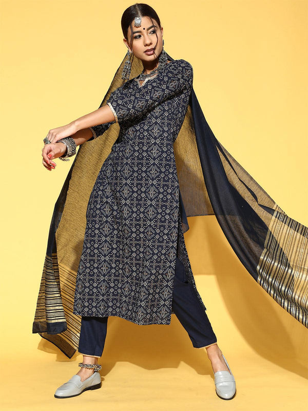 Women's Blue Printed Straight Kurta Trouser With Dupatta Set - Odette