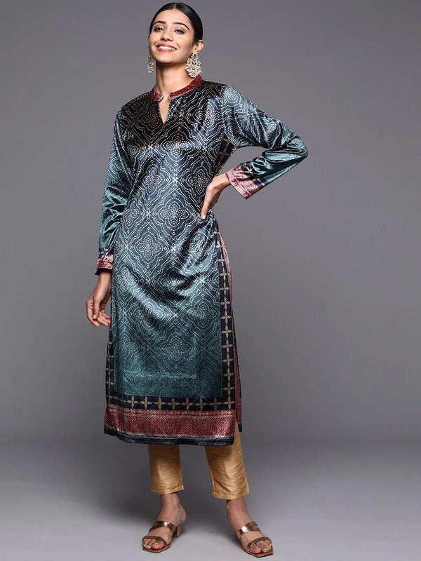 Blue Printed Velvet Straight Kurta - Jashvi