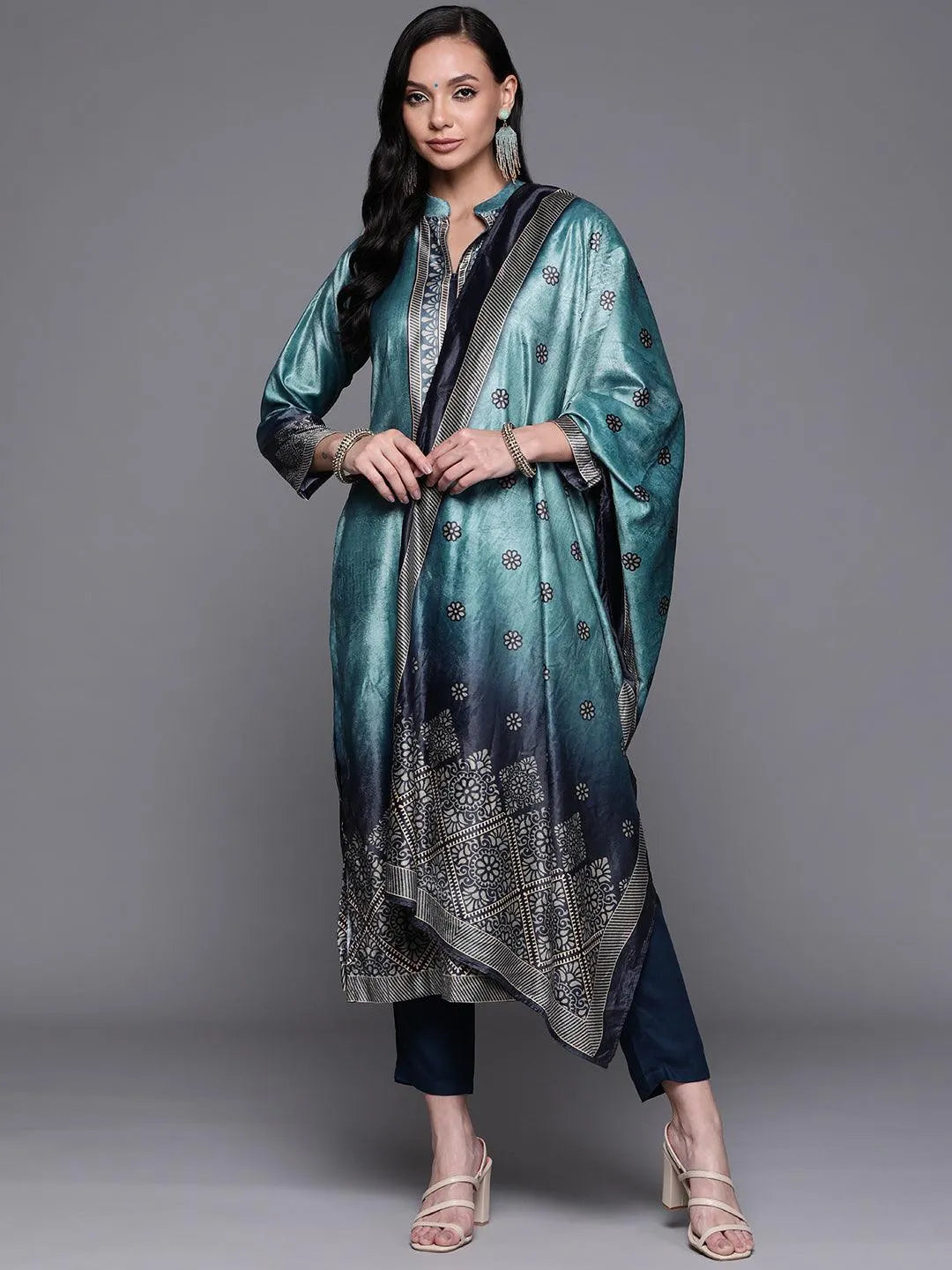 Blue Printed Velvet Suit Set - Jashvi